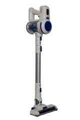 Upright vacuum cleaner. The male hand holds hold a modern cordless battery-powered vacuum cleaner isolated on white. Clipping path. House activity.