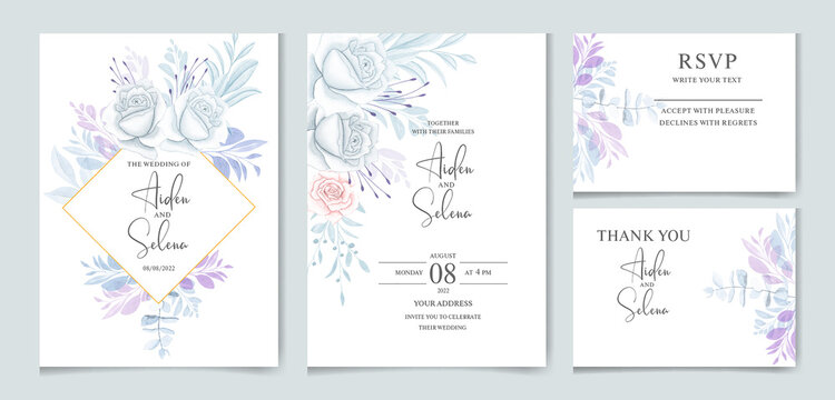 Elegant wedding invitation template set with soft blue leaves .watercolor floral and leaves frame with border decoration for card composition design 