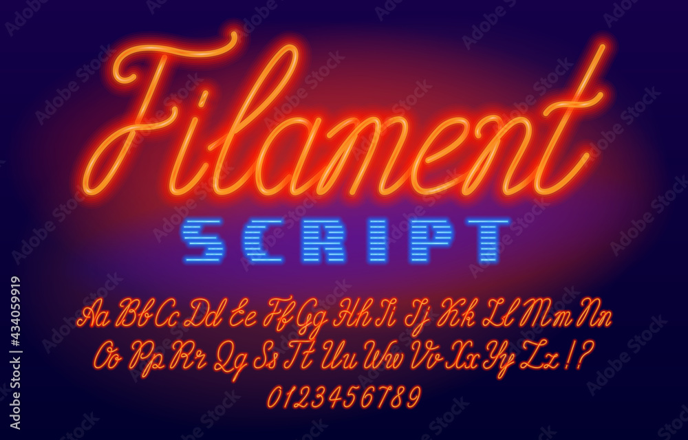 Fototapete filament script font. neon color letters and numbers. uppercase and lowercase. stock vector typescri