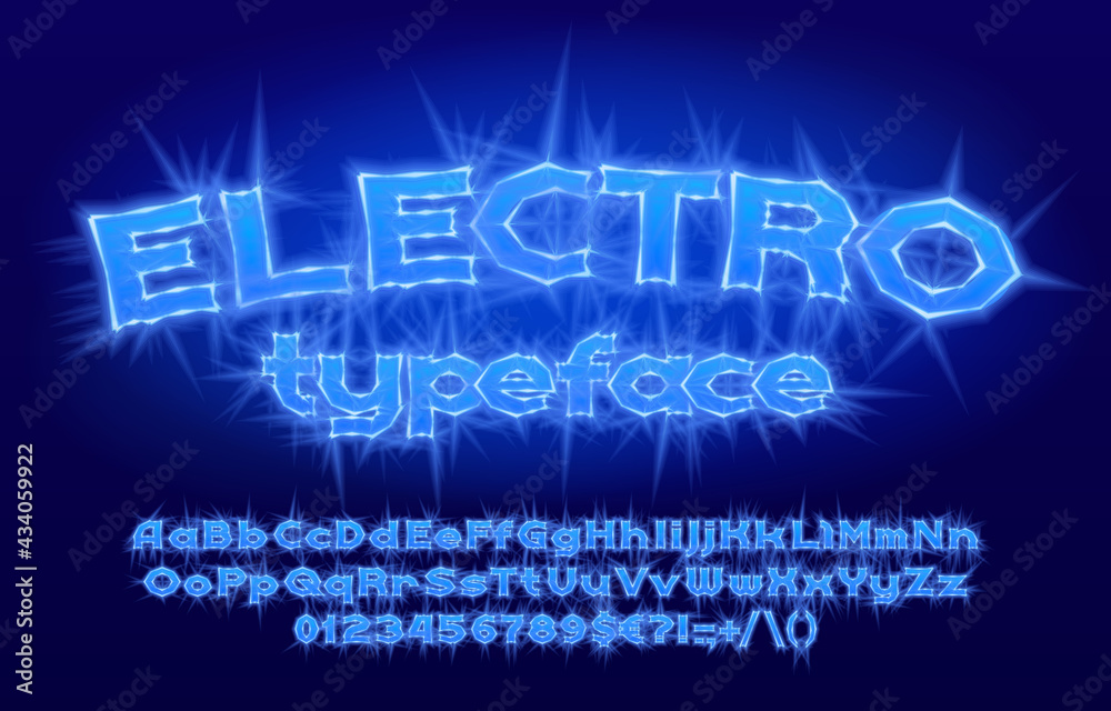 Fototapete electro alphabet font. electric letters, numbers and punctuation. uppercase and lowercase. stock vec