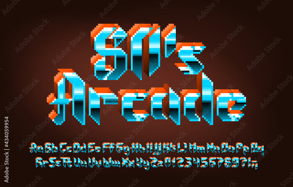 Fototapete 80s arcade alphabet font. 3d pixel letters, numbers and punctuations in hard rock style. 80s arcade 