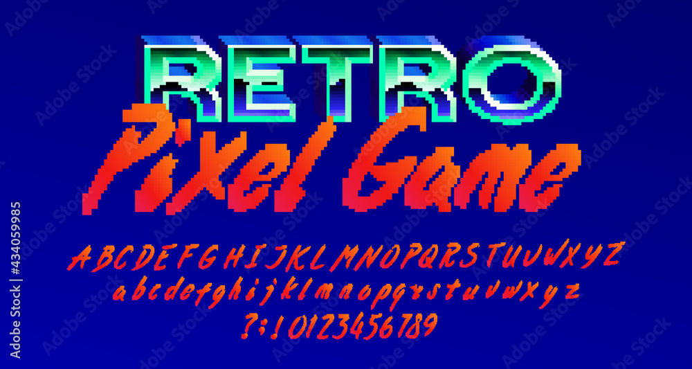 Fototapete retro pixel game alphabet font. pixel script letters, numbers and punctuations. 80s arcade video gam