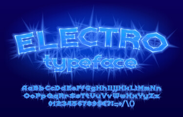 Electro alphabet font. Electric letters, numbers and punctuation. Uppercase and lowercase. Stock vector typescript for your design.