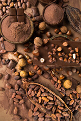 Cocoa pod and chocolate bar and food dessert background