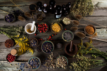 Obraz na płótnie Canvas Natural remedy, mortar and herbs