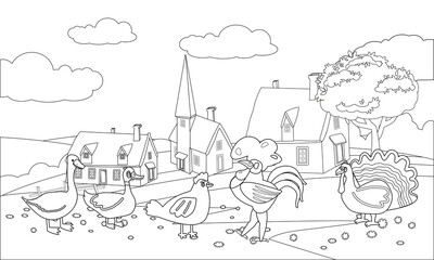 Farm animals coloring book educational illustration for children. Set cute cow, buffolo, sheep, duck, rooster, horse, rural landscape colouring page. Vector black white outline cartoon characters