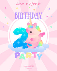 Postcard with cute plump pink unicorn with rainbow hair and blue number 2 sitting on cloud with stars and stripes  around. Holiday, birthday illustration for greeting card, banner, party.