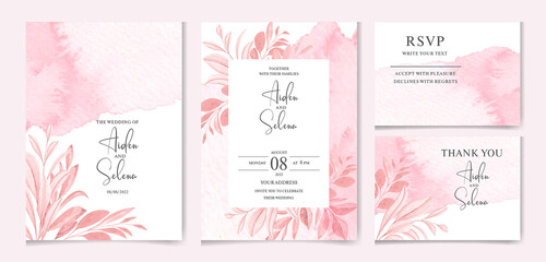 Elegant wedding invitation template set with creamy leaves .watercolor splash and leaves frame with border decoration for card composition design 