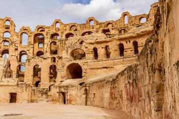 Ruins of the largest coliseum in North Africa. Demolished ancient walls  Roman amphitheatre at El Djem, Tunisia, Nord Africa

