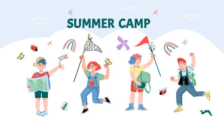 Fototapeta na wymiar Childrens summer camp banner or poster template with cute boys and girls, cartoon vector illustration. Banner background for kids summer camping activity, forest adventure or hiking trip.