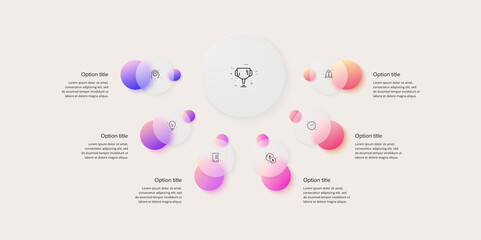 Business process chart infographics with 6 step circles. Circular corporate workflow graphic elements. Company flowchart presentation slide. Vector info graphic in glassmorphism design.