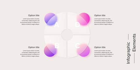 Business process chart infographics with 6 step circles. Circular corporate workflow graphic elements. Company flowchart presentation slide. Vector info graphic in glassmorphism design.