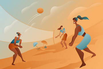 Young athletic girls play volleyball on a sandy beach against a backdrop of vacationers and abstract clouds. Women in T-shirts and shorts playing with a ball, beach game concept, healthy lifestyle.