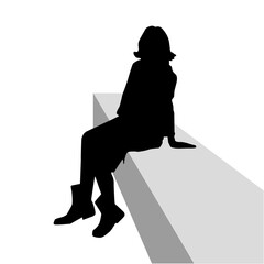 Silhouette of curly woman sitting on a bench lean on her arm. Black grey on white background.