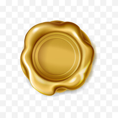Realistic golden wax stamp isolated on transparent background. Gold royal seal for letter label, 3d elite postal mark or quality guaranteed badge. Award medal symbol, vector design element.