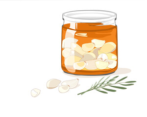 Fermented Garlic in Honey on white background. A jar that contains unpeeled garlics and honey inside. Food and herb drawing vector illustration.   