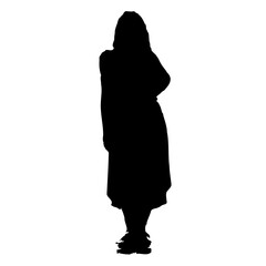 Silhouette of elegant woman in a dress standing. Black grey on white background.