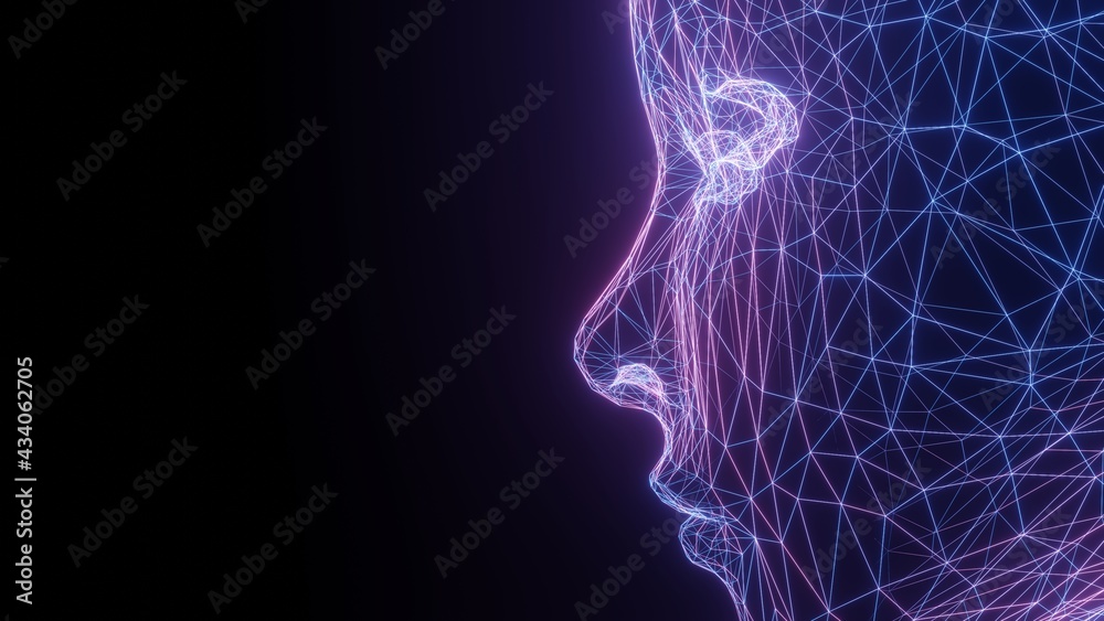 Wall mural 3d rendering of human female face created from wireframe mesh. for information technology background