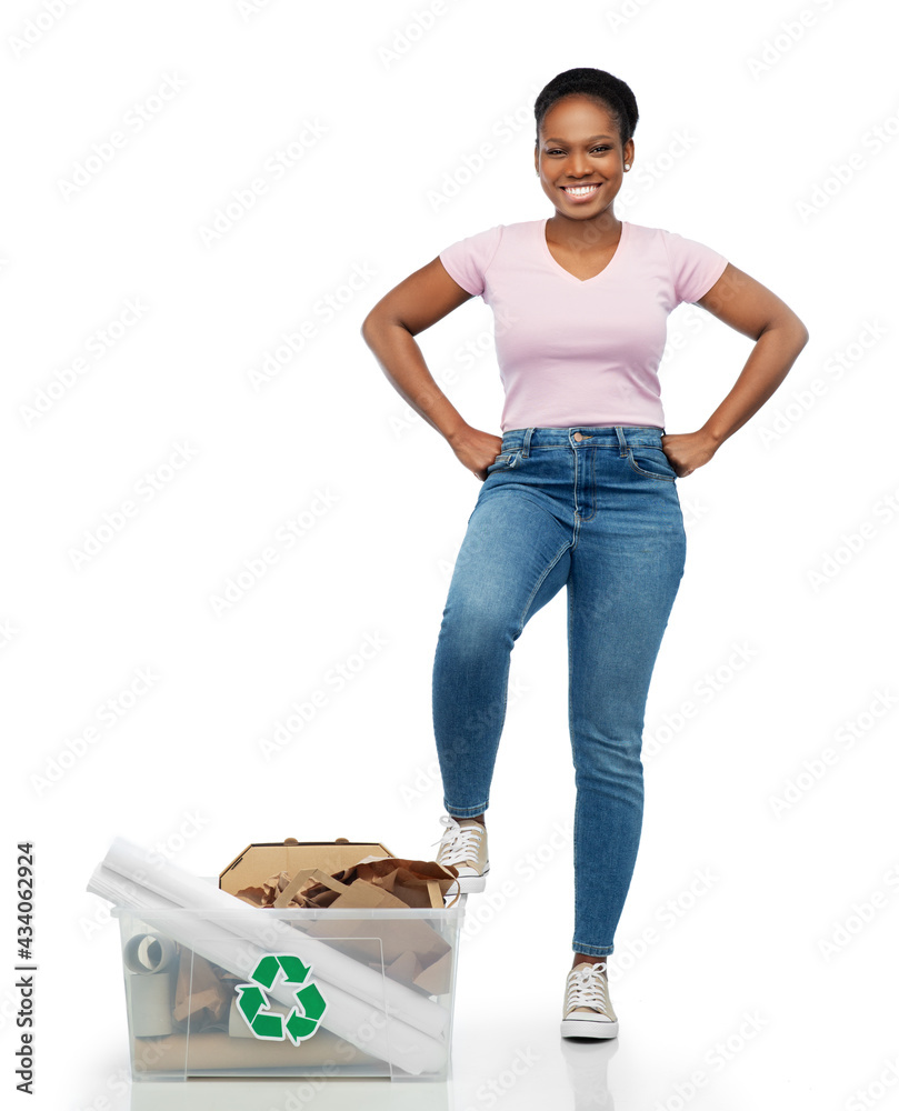 Canvas Prints recycling, waste sorting and sustainability concept - happy smiling young african american woman holding paper garbage in plastic box over white background