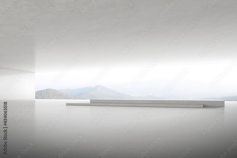 Aufkleber 3d render of empty concrete room with large window on nature background, empty space for product pre