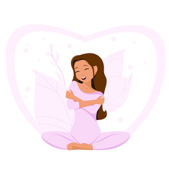 A beautiful young woman in the lotus position embraces herself. Self-love. Taking care of your body.