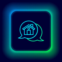 Glowing neon line Real estate message house in speech bubble icon isolated on black background. Colorful outline concept. Vector