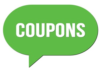 COUPONS text written in a green speech bubble