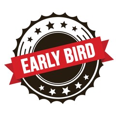 EARLY BIRD text on red brown ribbon stamp.