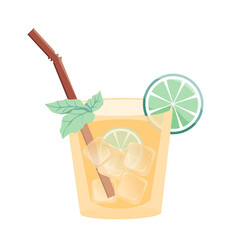 Summer cold cocktail with straw, ice, lime and mint. Refreshing drink. Colorful flat vector illustration.