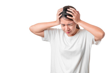 Naklejka premium Asian woman wear white t-shirt feeling sick have headache with migraine headaches isolate on white background, With clipping path.