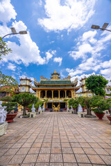 beautiful view of ancient Phuoc Hue pagoda on summer's day in Bao Loc, Vietnam, peaceful small town located on the plateau Di Linh, Lam Dong province.