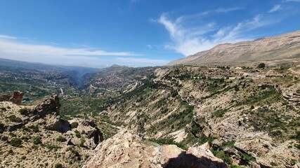 Beautiful village near the valley. Aerial image of the city and valley. Best hiking trails. Middle East country. Summer vacation in Lebanon. vacations with family