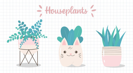 Set of cute hand-drawn houseplants. Potted plants collection. Vector illustration of plants in pink pots. Icons of decorative plants in Scandinavian style.