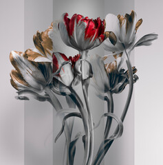 flowers with red and yellow buds. multi-layer composition, gray background.