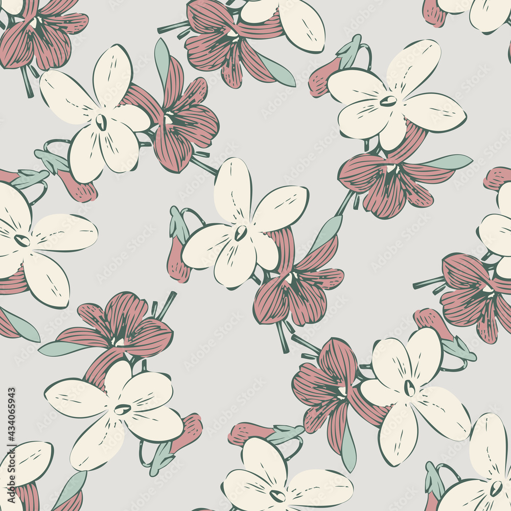 Wall mural Drawing meadow bloom flowers. Cute floral seamless pattern. Nature abstract background vector wallpaper. Line art botanical illustration graphic design print. Trendy pastel grey, white, brown colors - Wall murals