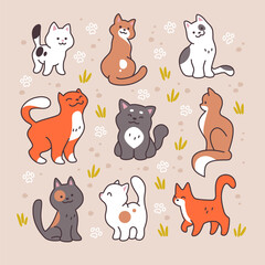 Fototapeta premium Collection of cute funny cat characters sitting, standing, walking smiling isolated on white background. Vector hand drawn cartoon flat illustration. For stickers, banners, cards.