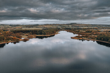 Aerial view over Irish landscape in the Baltyboys area, County Wicklow, Ireland. Spring outdoors from above.