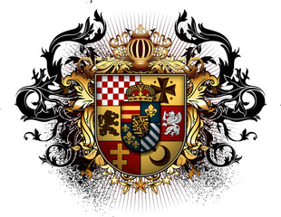 Heraldic shield with a crown on a white background. High detailed realistic illustration