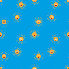 Fototapeta na wymiar Seamless pattern with smiling sun on blue background. Vector image.