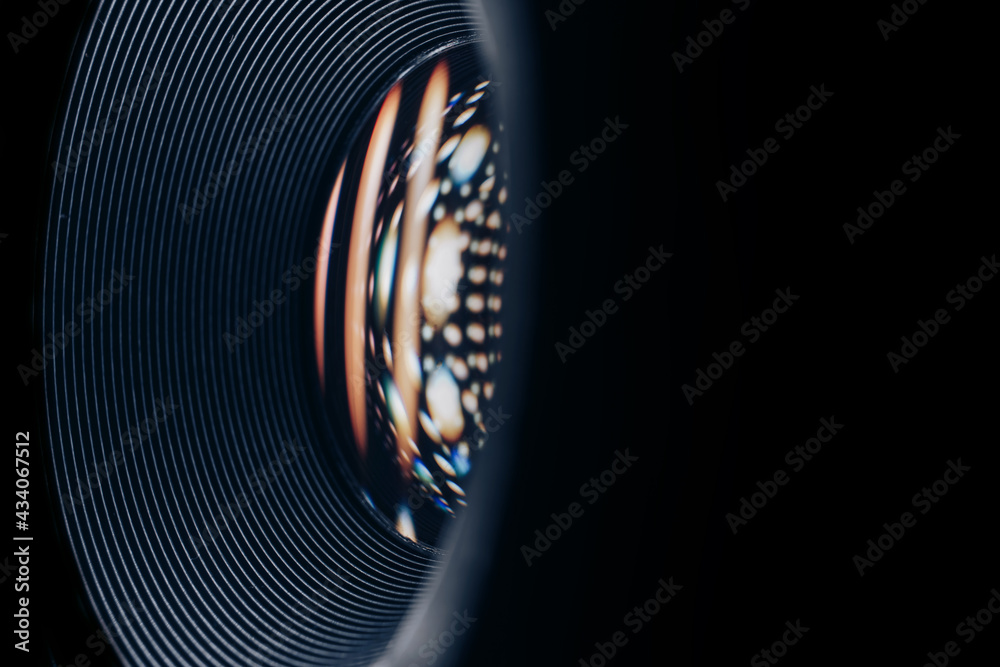 Poster beautiful abstract camera lens background multi colored glass reflection.