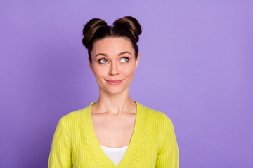 Photo of young attractive lovely happy positive dreamy smiling girl look copyspace isolated on...