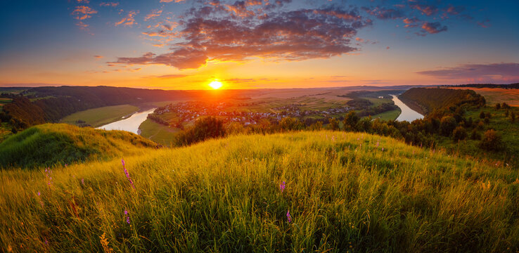 Incredible summer view of the sinuous Dniestr river in sundown.