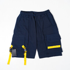 Men's short cargo pants with plain motif isolated on white background. These pants are very...