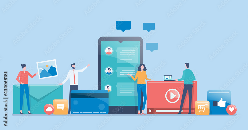 Aufkleber flat vector design social media marketing strategy concept with developer team working concept