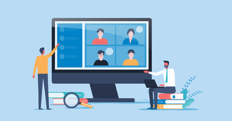 flat vector people online video conference for meeting with remote technology working and people work from home and business smart working online connect anywhere concept