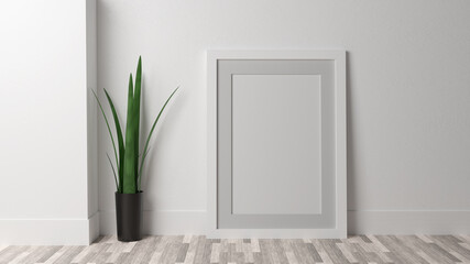 Poster mockup, white wooden frame. 3D rendering