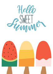 Cute summer poster with colourful ice cream. Vector illustration.