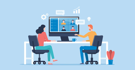 flat vector people online video conference for meeting with remote technology working and people work from home and business smart working online connect anywhere concept
