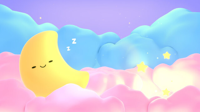 Cartoon cute smiling moon with comic zzz effect and stars on the pink clouds. Concept of sweet lullaby theme. 3d rendering picture.