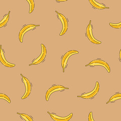 Banana vector pattern in hand drawn doodle style on brown background. Fruit summer print for textile